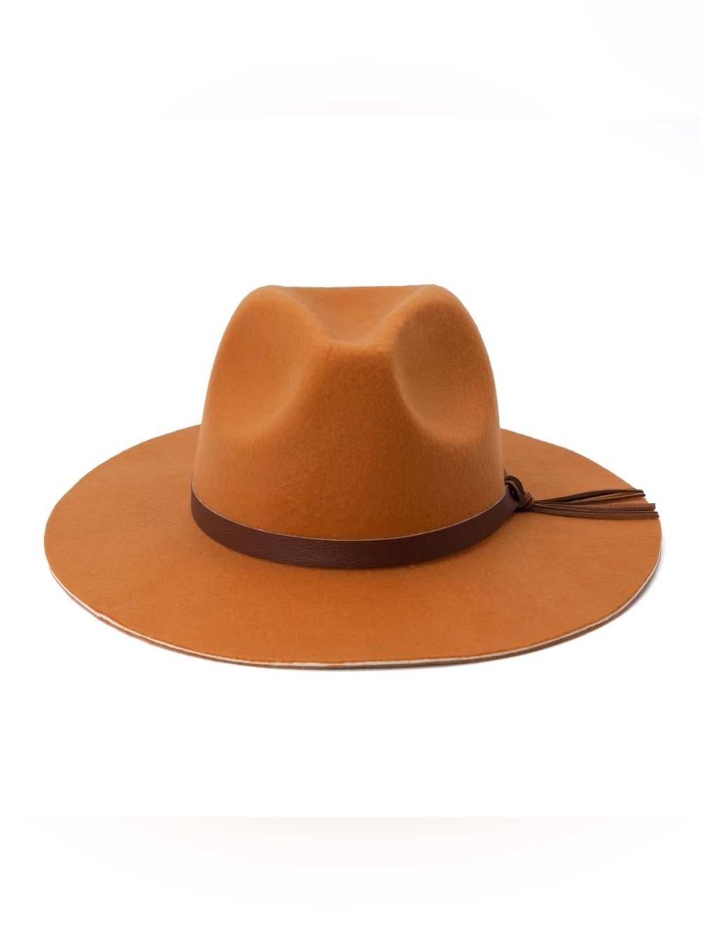 Wide Brim Felt Fedora Hat in Cognac with Leather Band
